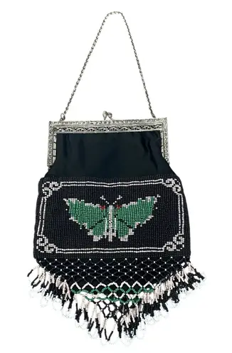 Vintage Silk Black Green Butterfly Beaded Bag Purse Silver Tone Handle Chain