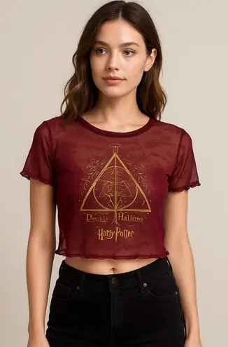 Harry Potter Burgundy Mesh Crop Top L | Deathly Hallows Sheer Boho Festival Tee Red Size L