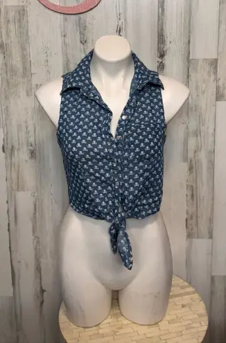 Poetry Skull Print Chambray Tie Front Crop Top Size SMALL