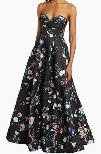 Marchesa Notte Strapless Floral Satin Maxi Gown Beaded Bodice Black 14