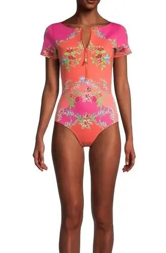 Johnny Was NWT Wave Surf One Piece Neoprene Orange Pink Floral Swim Suit $298