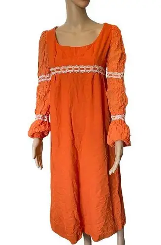 Vintage 60s Orange Chiffon Prairie Cottagecore Romantic Floral Lace Maxi Dress