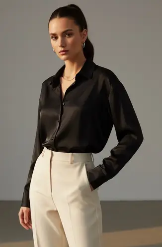 Chigant Blouse Womens Large Black Long Sleeve Button Down Shirt Collared New