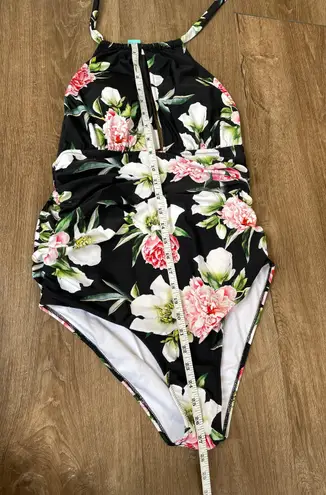 Cupshe one piece swimsuit halter tie black floral padded ruched women’s size XL