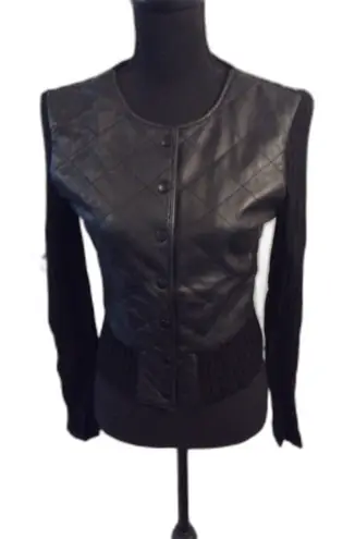 BCBG Maxazria Quilted Leather Sweater combined Wool VNC Small Black Moto