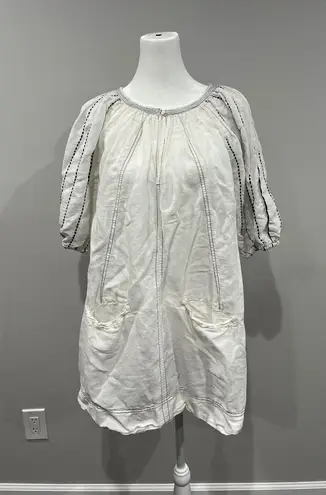 NYMÅNE White Linen Cotton Embroidered Puff Sleeve Tunic Dress Top S