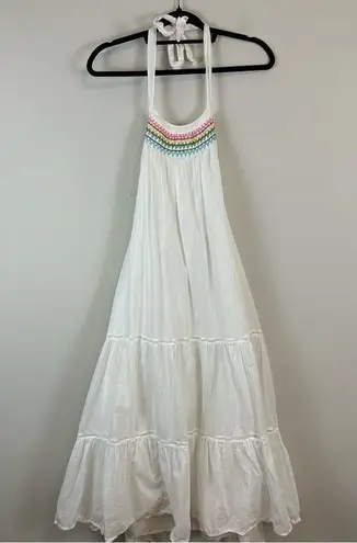 J.Crew  | White Tiered Halter Neck Rainbow Embroidery Midi Dress Size Large