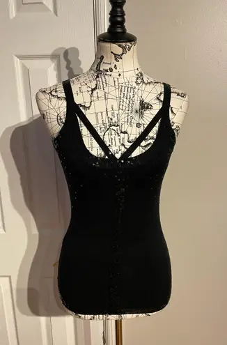 BCBGMAXAZRIA Silk Sequins Cutouts Strappy Crisscross sexy Vintage Y2k knit Embellished fit bodice cami crop Rave Punk Rock moto club festival night out