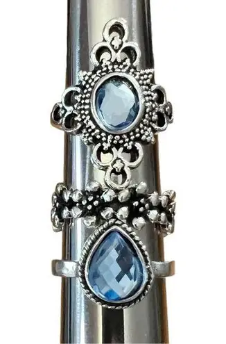 Lot of 3 Silver Tone Blue Teardrop, Floral & Oval Cabochon Size 6.25 Rings