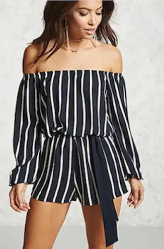 Forever 21 Navy and White Striped Off The Shoulder Long Sleeve Romper