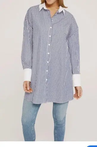 HARSHMAN Justine Stripe Cotton Tunic Dress In Navy Stripes 2X Blue