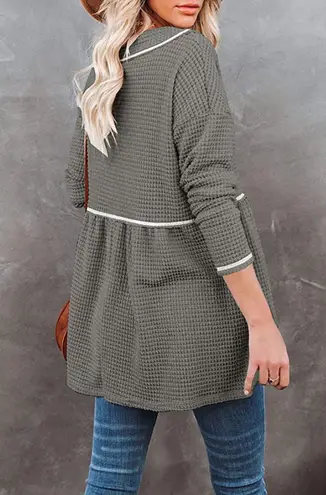 Waffle V Neck Tunic Peplum Flowy Swing Loose Long Sleeve Sweater Green S