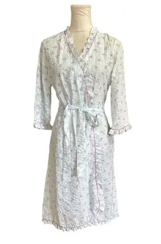 Vintage Miss Elaine Seersucker Robe Blue & Pink Floral Ruffles Wrap Style Sz M Size M