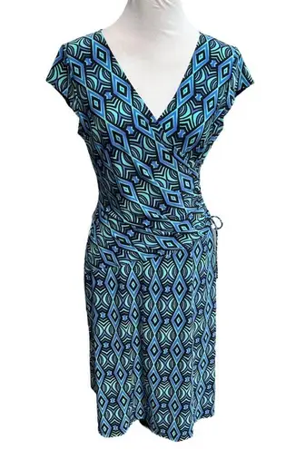 Evan Picone Pattern Faux Wrap Midi Dress Blue Teal Black Size 10