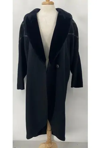 Vintage Wool Coat Oversized Faux Fur Collar Suede Leather Detail Black Womens XL