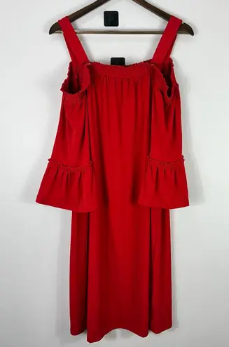 Susan Graver Off Shoulder Dress Women 3X Red Bell Sleeve Boho Resort Vacation