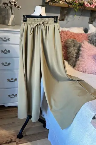 High Waist Wide Leg Palazzo Culottes Loose Pants Womens Small Olive Green Tan