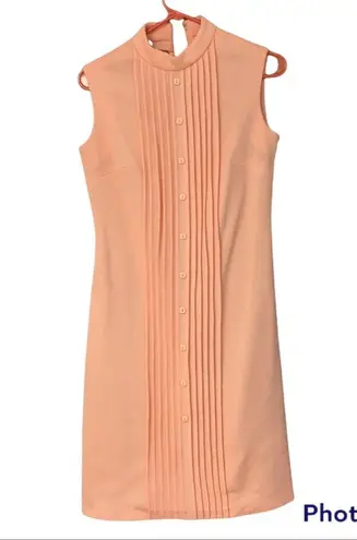 Vintage Mod Peach sleeveless mock turtleneck pleated sheath wiggle dress Orange