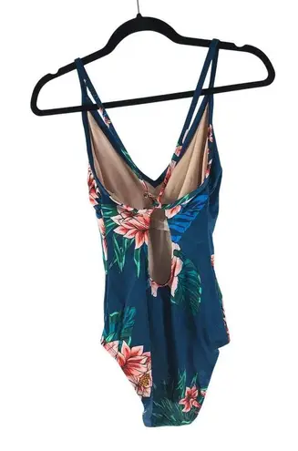 Kona Sol One Piece Swimsuit Shelf Bra Crossover Straps Floral Teal Blue M