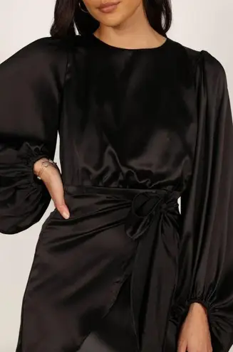 Petal and Pup  Opal Black Satin Long Balloon Sleeve Wrap Mini Dress 14