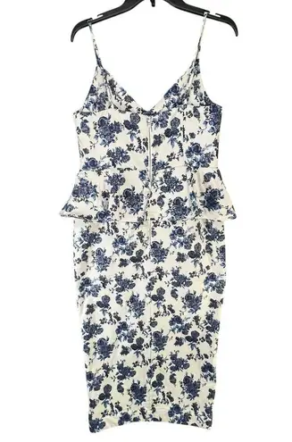 En Saison A Sight To See Peplum Midi Dress Womens L Navy Blue Floral Jacquard White Size L