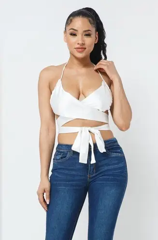 NEW Pretty in Satin Sexy White Front Wrap Tie Crop Top Size L