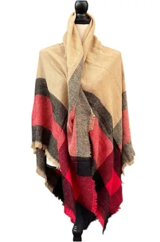 Oversized Plaid Fringe Warm Cozy Winter Fall Scarf Red Black Tan