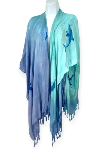 Vintage 90'S Kimono | One Size S M L | Dolphin Airbrush Wrap Robe Fringe Coverup Blue Size M