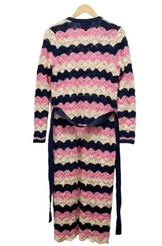 Laurie Felt Pointelle Knit Maxi Cardigan Duster Sweater Navy Pink Tan Size XXS