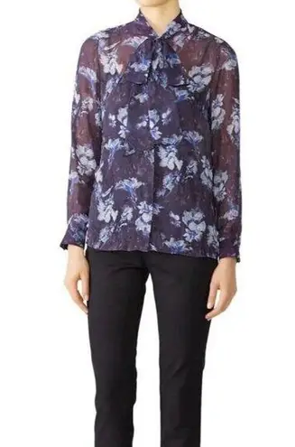 Jay Godfrey Blouse Women 0 Purple Floral Tie Neck Top Sheer Formal MSRP:$248