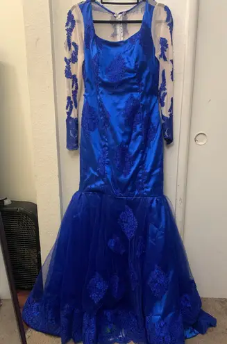 Custom Blue Transparent Embroidered Long Sleeve Chiffon Mesh Ball Gown Dress Size XL