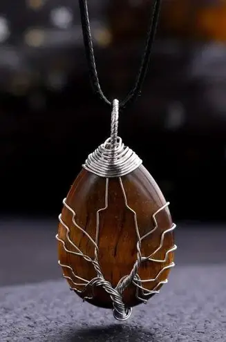 Tiger Eye Natural Gemstone Tree Of Life Wire Wrap Pendant Necklace