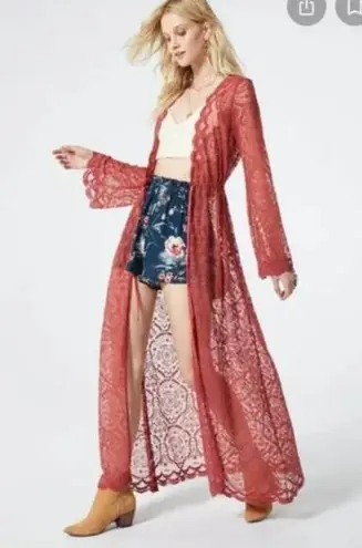 Band of Gypsies  Boho Pink Sheer Lace Duster Cardigan Long Bell Sleeves Size M