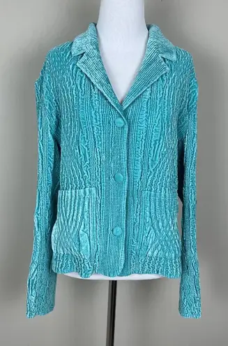 Rhonda Stark Jacket Womens Medium Textured Crinkle Button Front Cardigan Blazer Blue