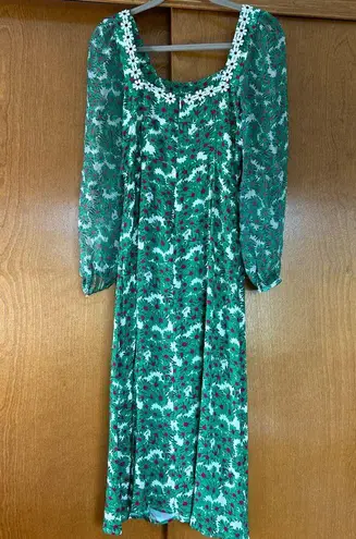 HVN Matilda Appliqued Floral Print Voile Silk Chiffon Midi Dress Green Size 6