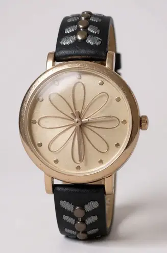 Womens Accutime Gold Tone Floral Watch Black Leather Strap Detail