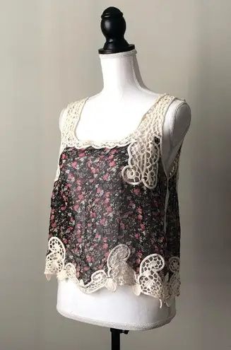 CRYSTAL K | Sheer Floral Crochet Lace Tank Top Size L