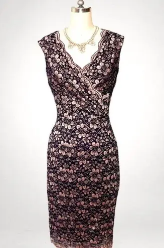 Tahari Lace V Neck Sheath Dress Black & Pink Rose Gold 2 XS