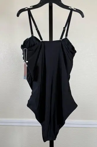 Retro Swim Ruched One Piece Tummy Control Bathing Suit Black White Pool Beach Size L