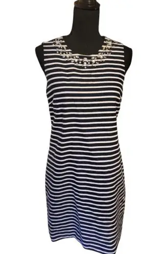 J.Crew NAVY Blue White Striped Embellished Sheath Short Casual Dress 