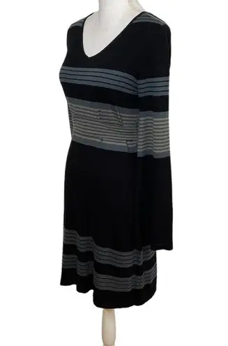 prAna Sweater Dress Sydney Long Bell Sleeve Stripe Knit V-neck Black Gray Medium