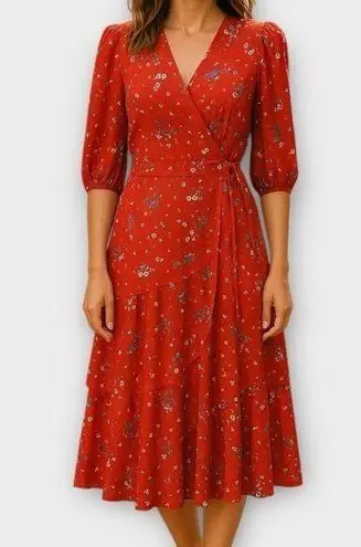 Chelsea28 Floral Dot Print Tiered Wrap Dress in Dusty Red SZ 6