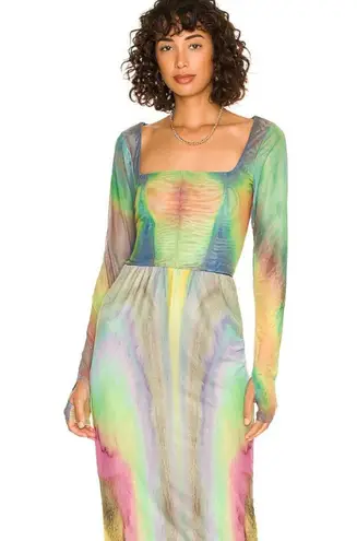 NWT AFRM Kona Mesh Rainbow Square Neck Top Size S Blue