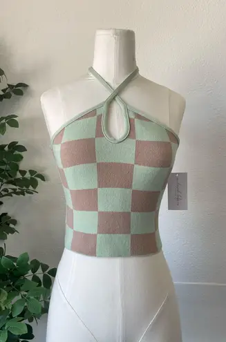 Mocha &Mint Checkered Halter Top Multiple Size M