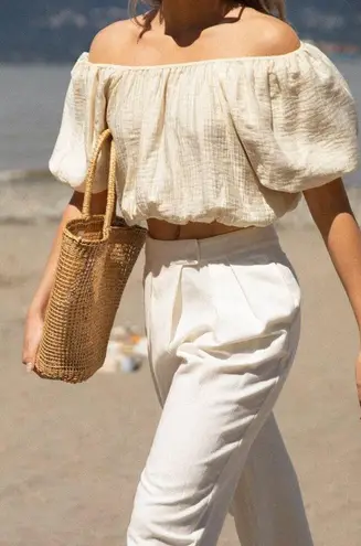 Oak + Fort Textured Puff Sleeve Crop Top Off The Shoulder Brown Women's S