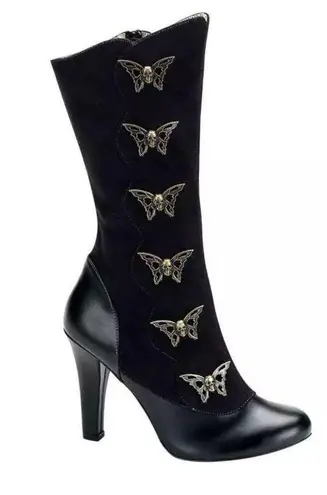 Demonia  Tesla Black Steampunk Heeled Boots with Skull Butterflies