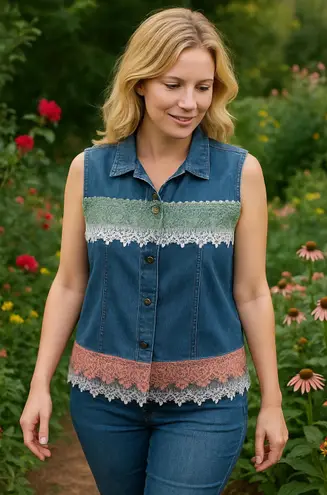 Vintage Denim Vest with Lace Trim Crocheted Grandma Jean Jacket Size XL