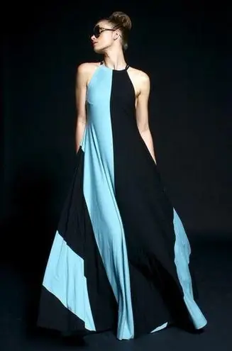 Butter by Nadia Tarr Designer Maxi Dress Rare Aqua Blue Black Dramatic Couture Size M