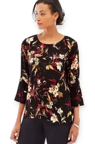 J Jill Floral Bird Cardinal Blouse Medium Artsy Rayon Lightweight Boho Flowy Black