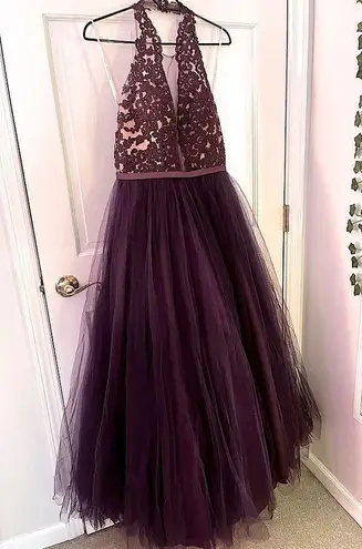 Madison James  Elegant Purple Floral Lace Maxi Formal Ball Gown